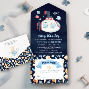 Marineblaue süße U-Boot maritime Babyparty All In One Einladung