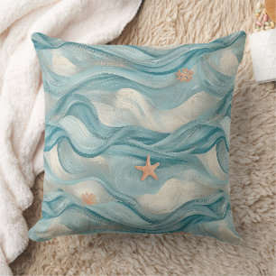 Marineblaue Teal-Wellen und Seestern-Druck Kissen