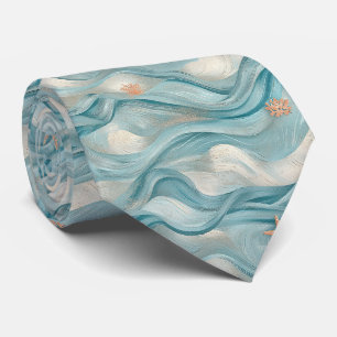 Marineblaue Teal-Wellen und Seestern-Druck Krawatte