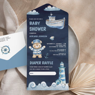 Marineblaue Teddybär-Nautik-Boot-Baby-Party All In One Einladung