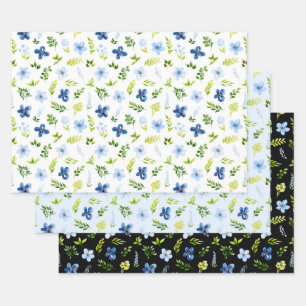 Marineblaue und babyblaue Blumen mit Blattmuster Geschenkpapier Set