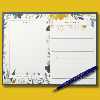 Marineblaue und goldene Blumen-Wochenkalender-Noti Notizblock