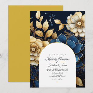 Marineblaue und goldene Blumenhochzeits-Einladung Einladung