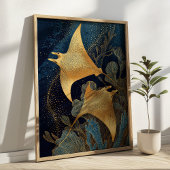 Marineblaue und goldene Mantarochen Elegante Kints Poster