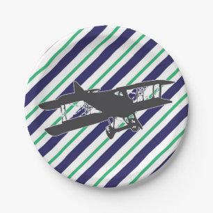 Marineblaue und grüne Vintage-Flugzeug-Papiertelle Pappteller