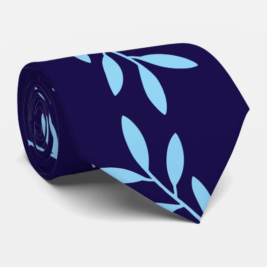 Marineblaue und Hellblaue Botanische Blätter Muste Krawatte (Gerollt)