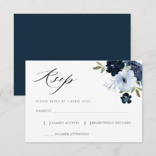 marineblaue und hellblaue florale Antwortkarte RSVP Karte