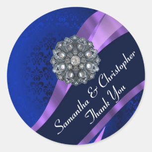Marineblaue und mauve Damast-Hochzeitssiegel Runder Aufkleber