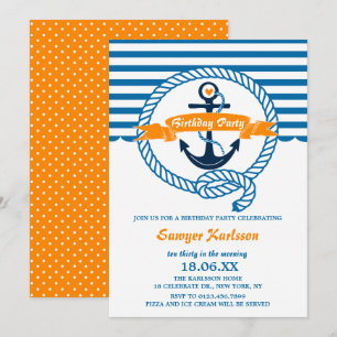 Marineblaue und orange nautische Kindergeburtstags Einladung