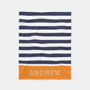 Marineblaue und orange Streifen Monogramm Farben Fleecedecke