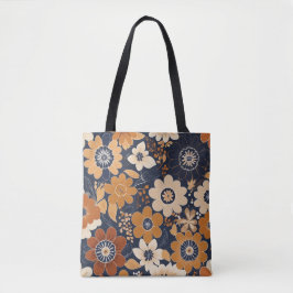 Marineblaue und Senfgelbe Volkskunst-Blumenmuster Tasche