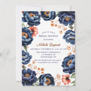 Marineblaue und verbrannt orangefarbene Blumengebu Einladung