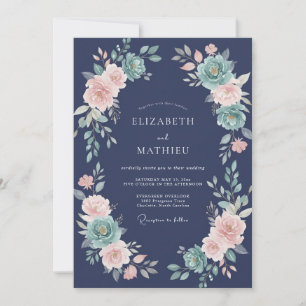 Marineblaue üppige Blumenhochzeit Einladung