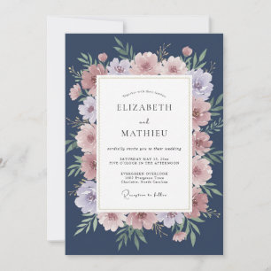 Marineblaue verstaubte Floral-Hochzeit Einladung