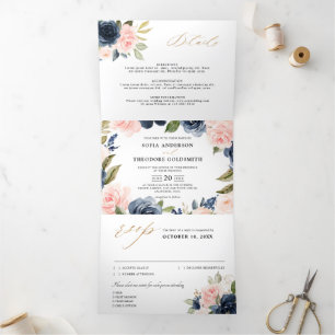 Marineblaue verstaubte Rosablüten-Hochzeit Dreifach Gefaltete Ankündigung