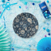 Marineblaue Vintage-Blumen-Botanik-Muster Pappteller (Party)