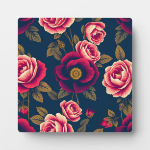 Marineblaue Vintage-Blumen-Korallenrosen Goldene B Fotoplatte