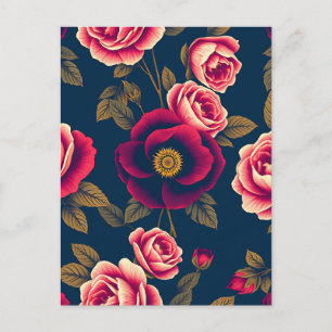 Marineblaue Vintage-Blumen-Korallenrosen Goldene B Postkarte
