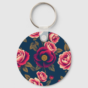 Marineblaue Vintage-Blumen-Korallenrosen Goldene B Schlüsselanhänger
