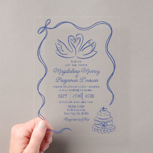 Marineblaue Vintage-Handschwanenschleifen-Hochzeit Acryleinladungen
