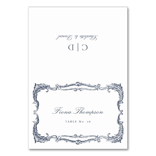 Marineblaue Vintage-Klassiker-Script-Karten zum Fa Tischnummer (Vorderseite)