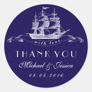 Marineblaue Vintage-Schiff-Dankeschön-Hochzeitsauf Runder Aufkleber