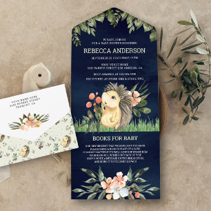 Marineblaue Waldlandschaft Süßer Igel Babyparty All In One Einladung