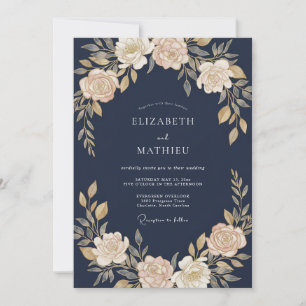 Marineblaue Wasserfarben-Hochzeit mit floralen Mot Einladung