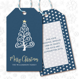 Marineblaue Weihnachtsbaum-Festtags-Skript-Name Geschenkanhänger