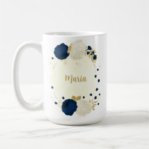 marineblaue & weiße Blumen goldene botanische Hoch Kaffeetasse