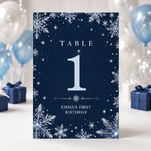 Marineblaue Winter Wonderland Geburtstags-Sitzordn Tischnummer