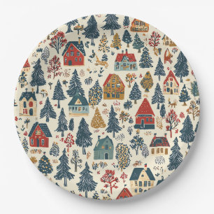 Marineblaue Woodland-Weihnachtsdorf-Muster Pappteller