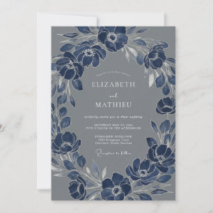 Marineblaue zarte Blumenkranz-Hochzeit Einladung