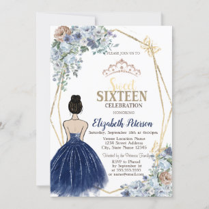 Marineblauer Glitterkleid, Blaue Blumen Sweet 16 Einladung