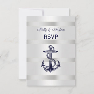 Marineblaues Anker Silber Weiss V Antwortmenü RSVP Karte