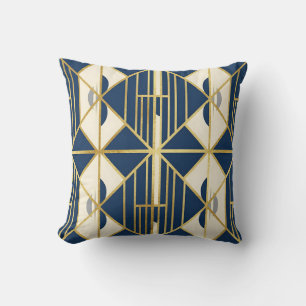 Marineblaues und goldenes Art Deco-Geometrie-Muste Kissen