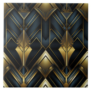 Marineblaues und goldenes Art Deco-Spitzenornament Fliese