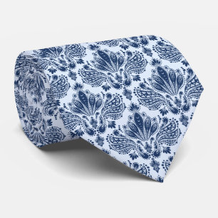 Marineblaues und hellblaues florales Damastmuster Krawatte