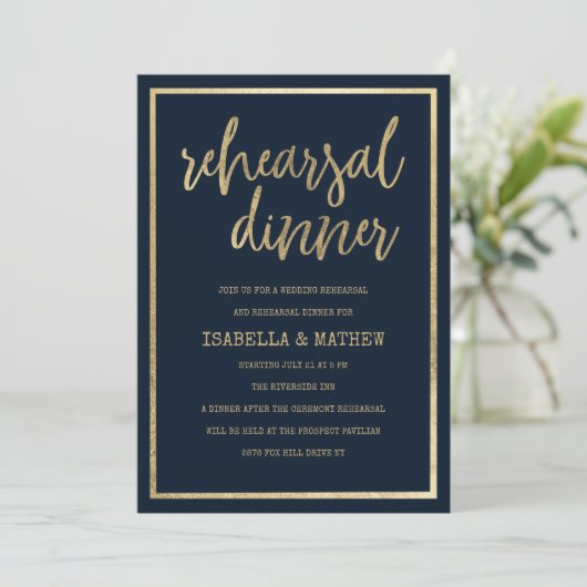 Marineboldschrift rustikale Probe Abendessen Einladung (Stehend Vorderseite)