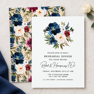 Marineburgunder-Blumen-Hochzeitsprobe-Dinner Einladung