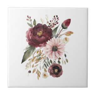 Marineburgunder-Rosa-Botanical-Floral Fliese