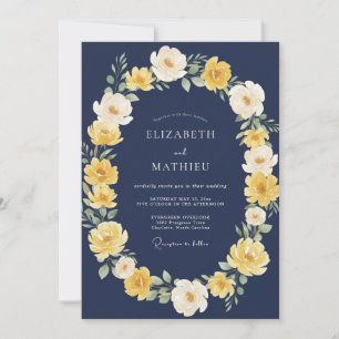 Marinegelbe Blumenkranz-Hochzeit Einladung