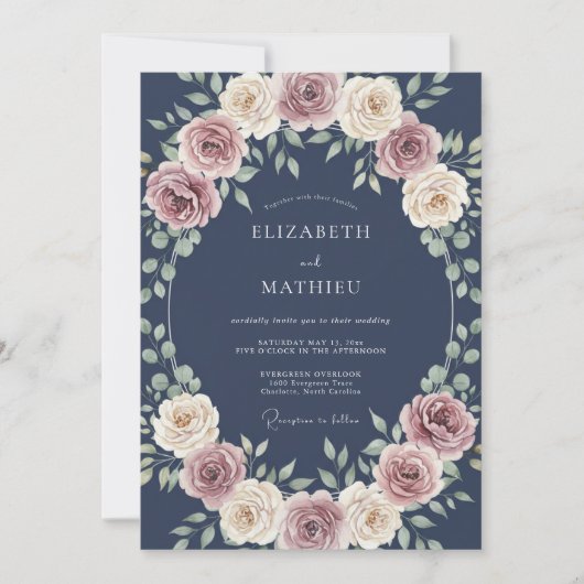 Marinehochzeit mit üppiger Rose Einladung (Vorderseite)