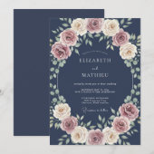 Marinehochzeit mit üppiger Rose Einladung (Vorne/Hinten)