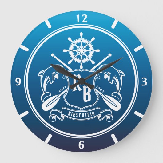 Marineinsignie-Delphin-Helm-Ruder-Schild nautisch Große Wanduhr (Vorderseite)