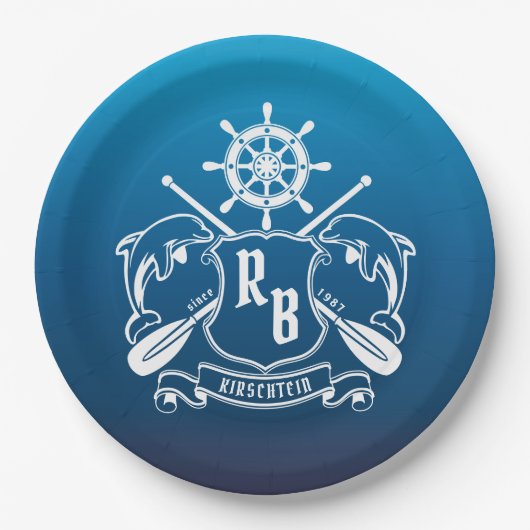 Marineinsignie-Delphin-Helm-Ruder-Schild nautisch Pappteller (Vorderseite)