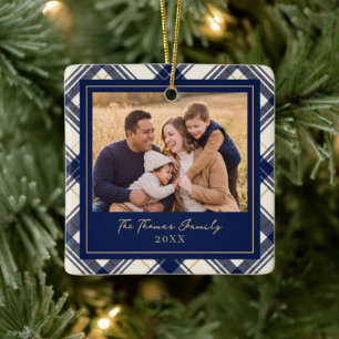 Marinekariertes Frohe Weihnachten Familienfoto Keramikornament