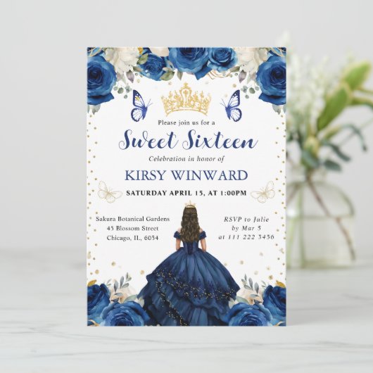 Marinekleid Brünett Prinzessin Sweet 16 Einladung (Stehend Vorderseite)