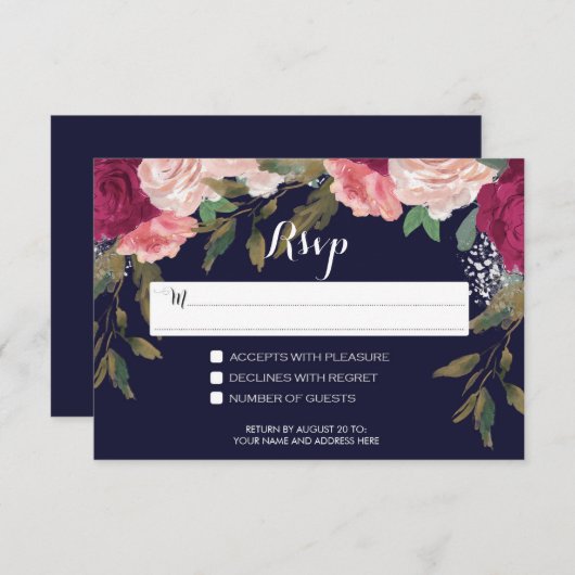 Marinemarkt Hochzeit Bordeaux-Blüte RSVP Karte (Vorne/Hinten)