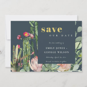 MARINEPINK BLÜTEN WÜSTENKAKTEEN LAUB WASSERFARBE SAVE THE DATE